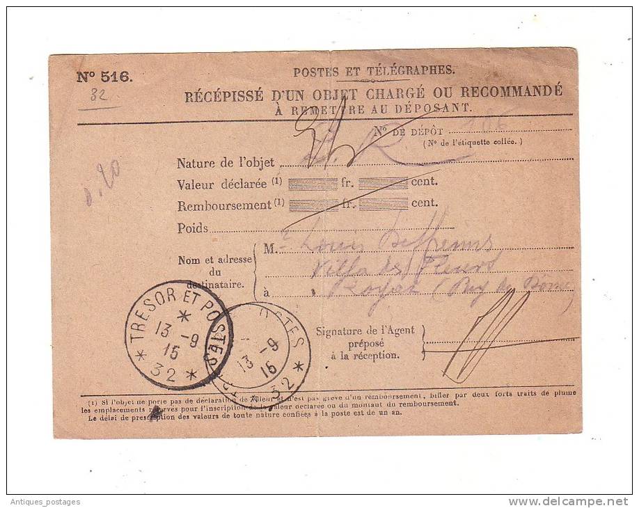 Récipissé D'un Objet Chargé Ou Recommandé Trésor Et Poste 32 Première Guerre Mondiale  Puy De Dôme 1915 - Lettres & Documents