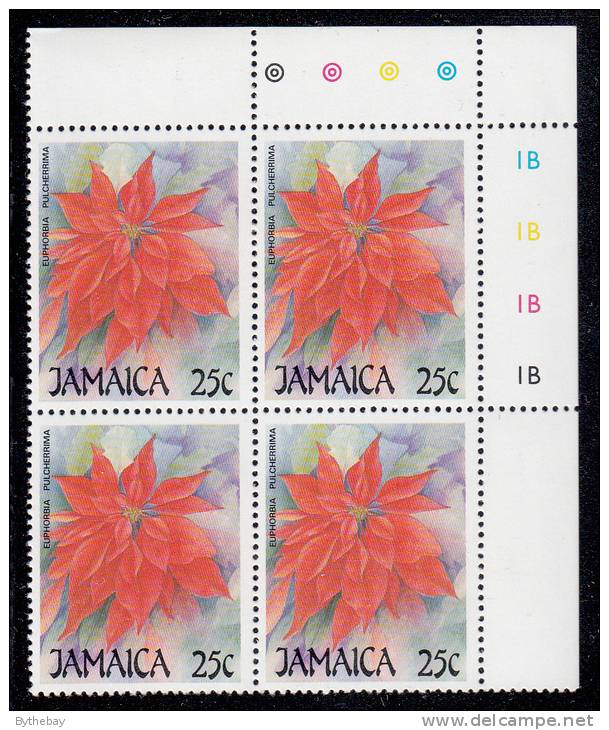 Jamaica MNH Scott #706 Upper Right Inscription Block 25c Euphorbia Pulcherrima (flower) - Christmas - Jamaique (1962-...)