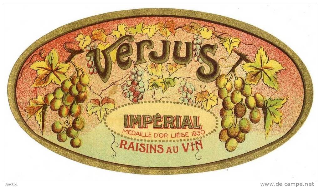Ancienne Etiquette VERJUS - IMPERIAL - Médaille D'Or Liège 1930 - Raisins Au Vin - Belgien
