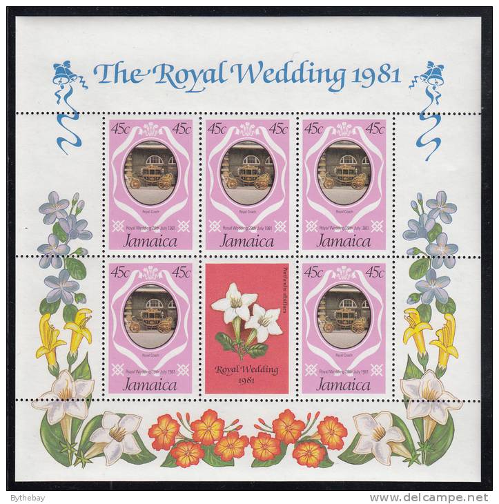 Jamaica MNH Scott #501 Sheet Of 5 Plus Label 45c Royal Coach - Royal Wedding Charles And Diana - Jamaique (1962-...)