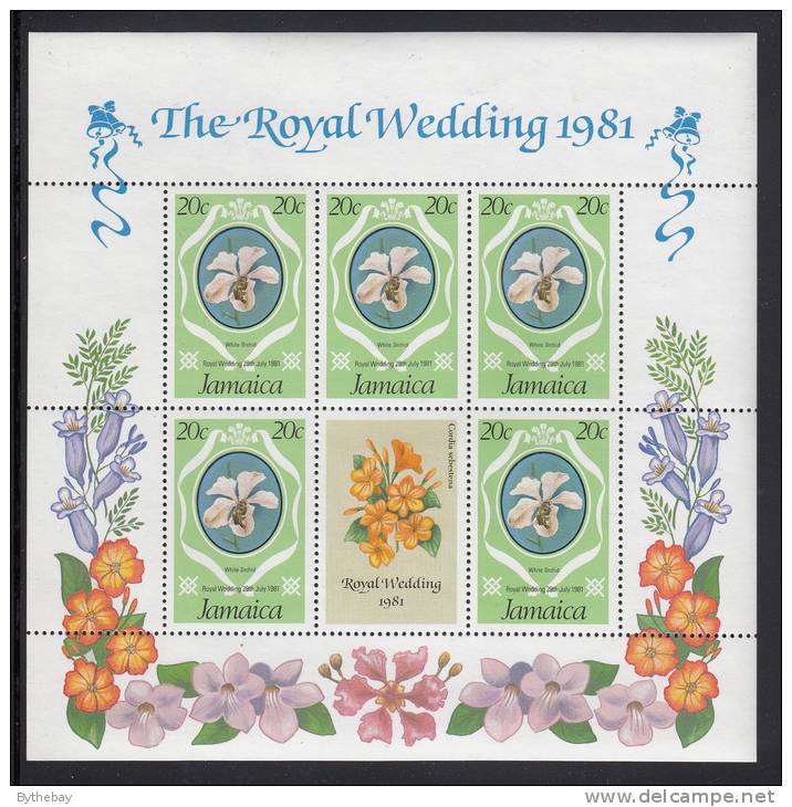 Jamaica MNH Scott #500 Sheet Of 5 Plus Label 20c White Orchid - Royal Wedding Charles And Diana - Jamaica (1962-...)