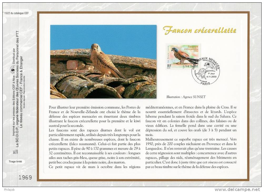 " FAUCON CRECERELLETTE " Sur Feuillet CEF 1° Jour N°té De 2000 N° 1522 . N° YT 3361. Parfait état. - Águilas & Aves De Presa