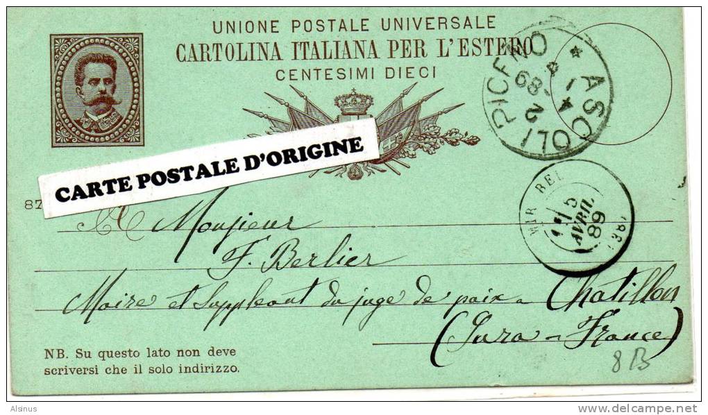 ASCOLI PICENO (ITALIE) - CARTE POSTALE SANS ILLUSTRATION -TIMBRE IMPRIME HUMBERT 1er 10C - A. MASCARINI - Stamped Stationery