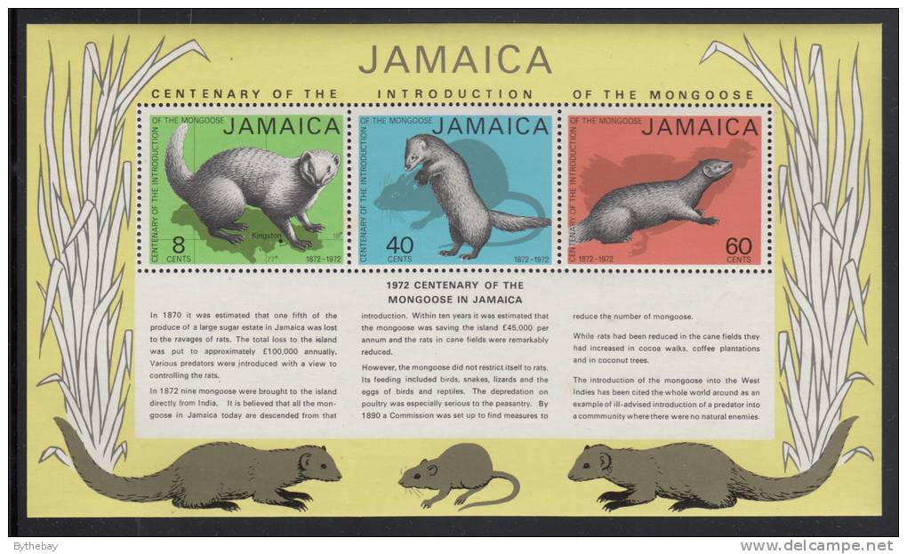 Jamaica MH Scott #368a Souvenir Sheet Of 3 Different Mongoose - Centenary Of Introduction To Jamaica - Jamaica (1962-...)