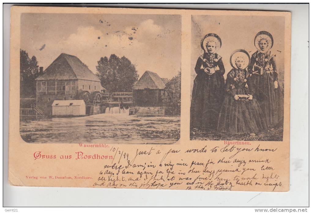 4460 NORDHORN, Wassermühle - Trachten, Gruss Aus..1899, Gelaufen Nach Philadelphia / USA - Nordhorn