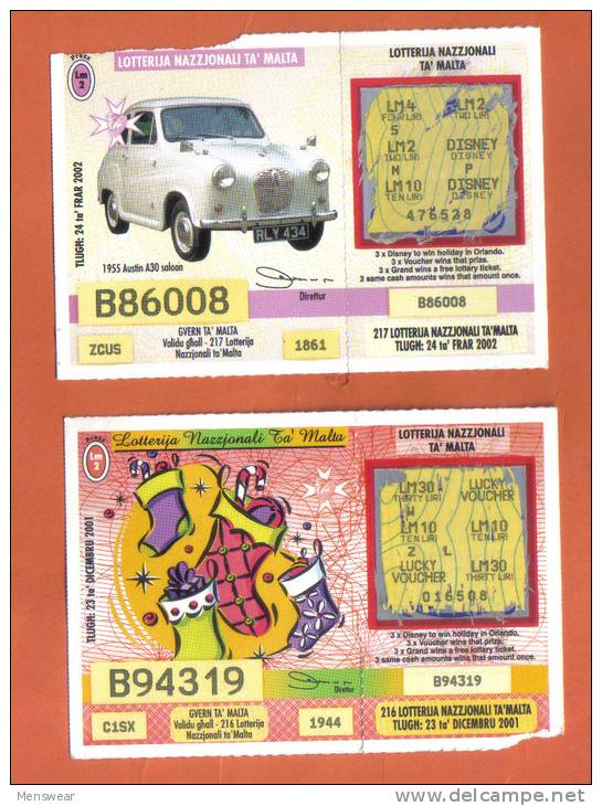 MALTA - 2  LOTTERY TICKETS FROM MALTA /  2001/2 - Billetes De Lotería