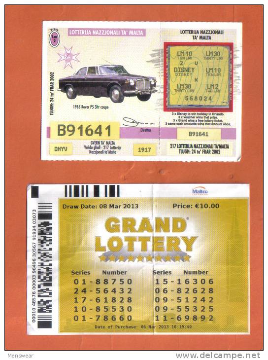 MALTA - 2  LOTTERY TICKETS FROM MALTA /  2002 / 13 - Biglietti Della Lotteria