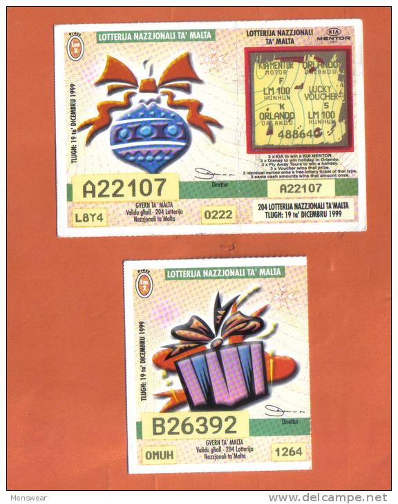 MALTA - 2  LOTTERY TICKETS FROM MALTA /  1999 - Biglietti Della Lotteria