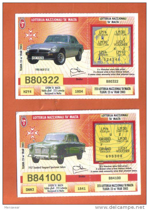 MALTA - 2  LOTTERY TICKETS FROM MALTA /  2003 - Lottery Tickets
