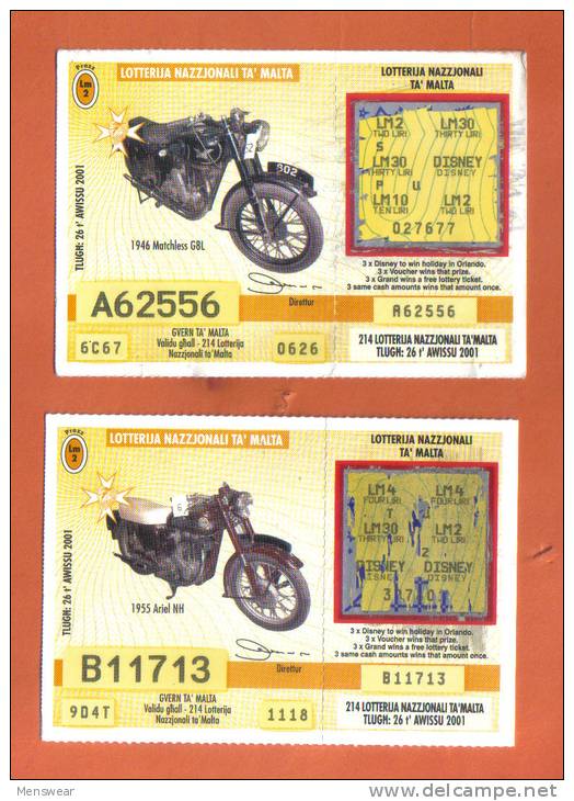 MALTA - 2  LOTTERY TICKETS FROM MALTA /  2001 - Lottery Tickets