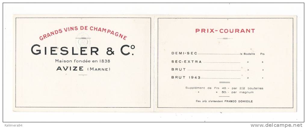 MARNE / CHAMPAGNE GIESLER & Co., à AVIZE ( Maison Fondée En 1838 ) / Carte-étiquette De Vin Publicitaire ( Tarifs 1943 ) - Autres & Non Classés