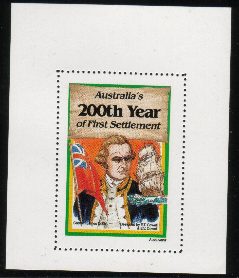 AUSTRALIAS 200TH YEAR OF FIRST SETTLEMENT SOUVENIR CAPTAIN COOK EXPLORER M/S NHM (CINDERELLA) - Werbemarken, Vignetten