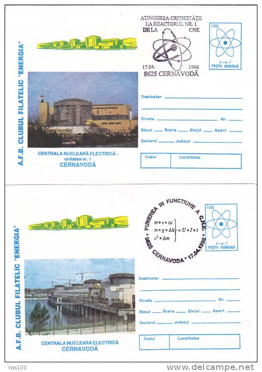 NUCLEAR CENTRAL CERNAVODA,1996, 2X,COVERS STATIONERY, CACHET RARE!,ROMANIA - Atomo