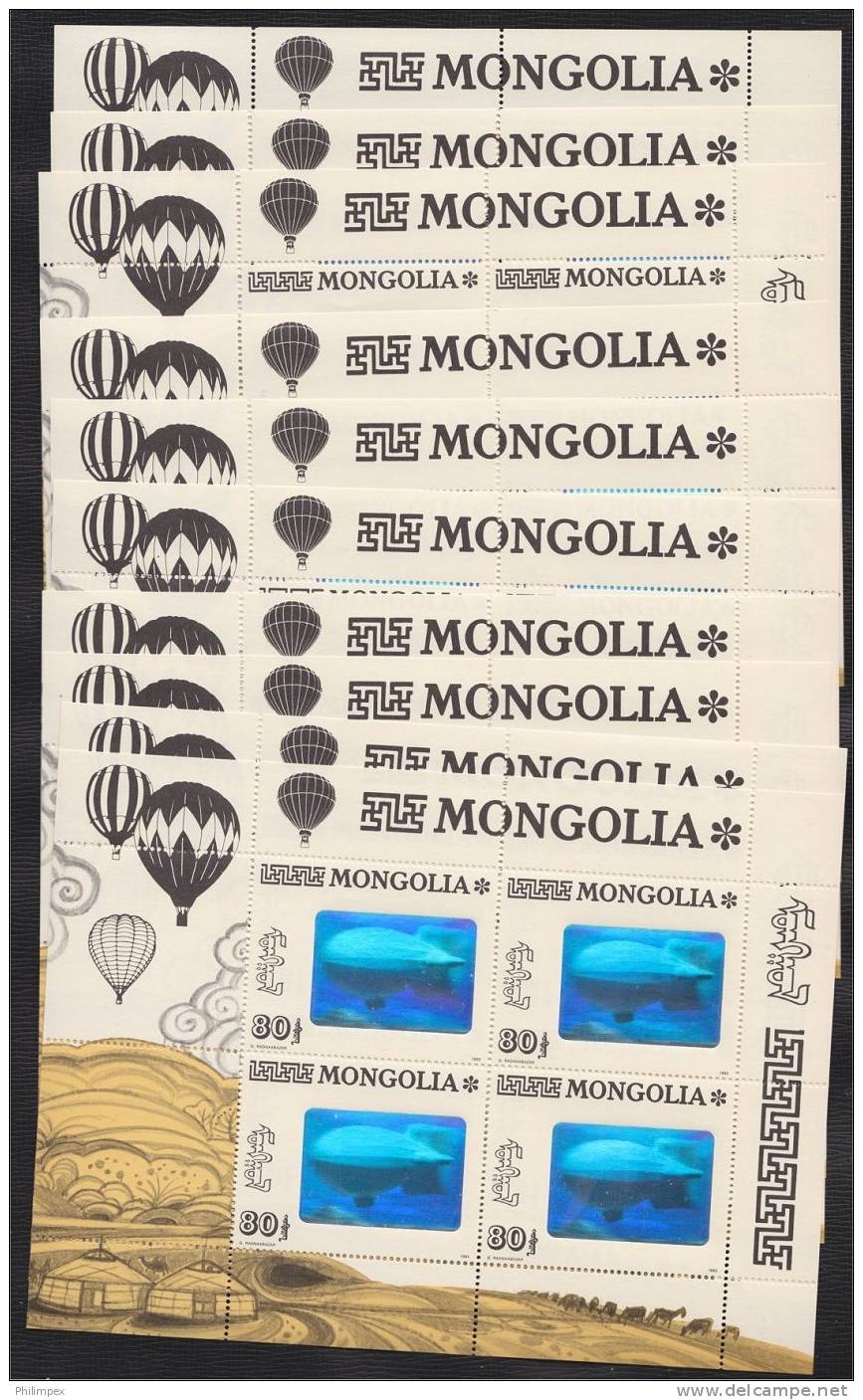 MONGOLIA - HOLOGRAM STAMP ZEPPELIN FROM 1993, 10 MINI SHEETS NEVER HINGED! - Zeppeline