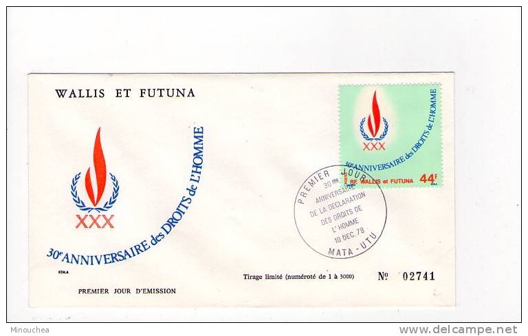 FDC Wallis Et Futuna - 30éme Anniversaire Des Droits De L'homme - Obl Du 10/12/78 (1er Jour) - FDC