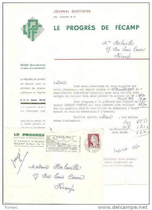 FECAMP -LE PROGRES-JOURNAL QUOTIDIEN-ENVELOPPE JOINTE-1962 - Imprimerie & Papeterie