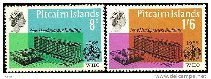 PITCAIRN ISLANDS SET OF 2 WHO NEW HEADQUARTERS GENEVA SWITZERLAND 1966 QEII HEAD LHMINT SG? READ DESCRIPTION !! - Islas De Pitcairn