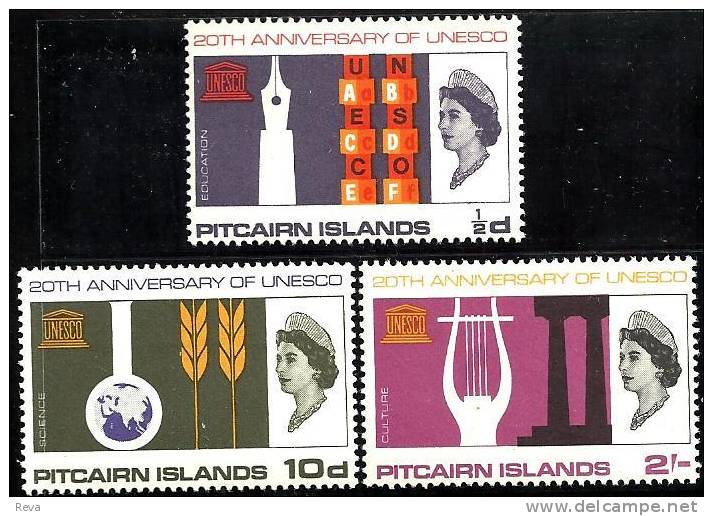 PITCAIRN ISLANDS 20TH ANNIVERSARY OF UNESCO SET OF 3 ISSUED 1966  QEII HEAD LHMINT SG61-3 READ DESCRIPTION !! - Islas De Pitcairn