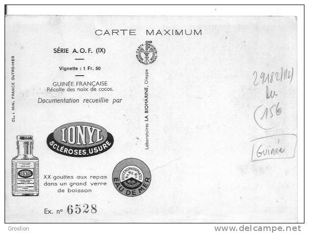 GUINEE FRANCAISE RECOLTE DES NOIX DE COCOS (CARTE MAXIMUM PUBLICITAIRE  IONYL LABOS LA BIOMARINE DIEPPE) 1952 - Guinée Française