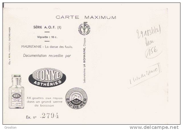 MAURITANIE LA DANSE DES FUSILS 2794 (CARTE MAXIMUM PUBLICITAIRE IONYL LABOS LA BIOMARINE DIEPPE) 1952 - Mauretanien