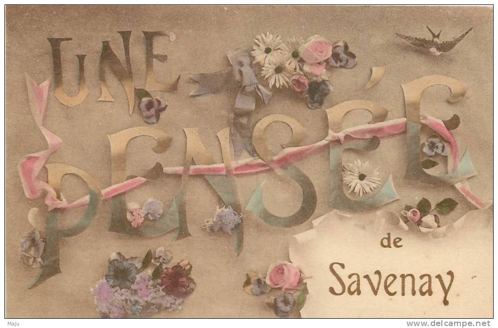 CPA   UNE PENSEE  DE SAVENAY  FANTAISIE FLEURS  SCANS RECTO VERSO - Savenay