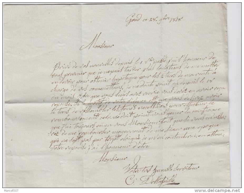 PRECURSEUR - 1818 LETTRE GAND  POUR MERVILLE AVEC GRIFFE LP BR2R + GRIFFE GEND +CACHET DE PASSAGE PAR LILLE - 1815-1830 (Dutch Period)