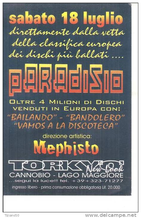 CANNOBIO..DISCOTECA,TORKYO -PARADISIO.-foglietto Pubblicitario ,invito Riduzione - Autres & Non Classés