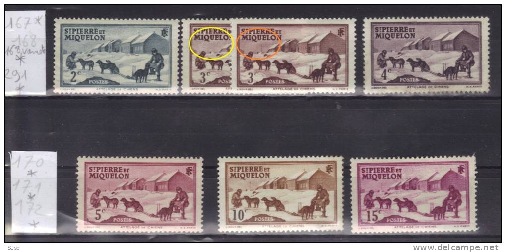 St PIERRE ET MIQUELON  1938 / 1942 - Lot 7 Timbres - 167 - 168 - 168 Variété - 291 - 170 -171 - 172 Neuf(s) Charnières - Ungebraucht