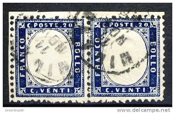 Regno VE 1862, Sassone N. 2, C. 20 Indaco, Coppia Orizzontale, Usato. Cat. &euro; 125 - Usati