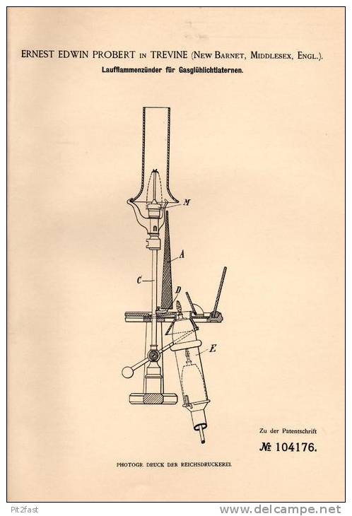 Original Patentschrift - E. Probert In Trevine , New Barnet , 1897 , Flame Lighter For Gas Lamp , Lantern !!! - Lighting & Lampshades