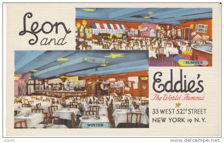 New York NY New York, Leon & Eddie´s Restaurant Interior View Winter Spring Decor, C1930s/40s Vintage Linen Postcard - Cafés, Hôtels & Restaurants