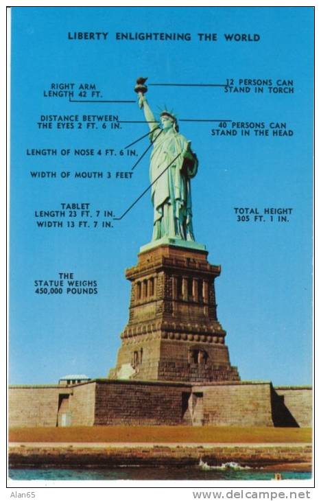 New York NY New York, Statue Of Liberty With Dimensions Of Statue Listed C1960s Vintage Postcard - Estatua De La Libertad