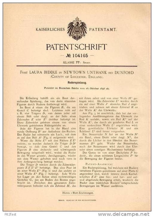 Original Patentschrift - Laura Biddle In Newtown Unthank B. Dunford , 1898 , Toy Oar , Boat , Ship , Model Building !!! - Toy Memorabilia