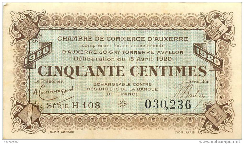 Billet Réf 210. Chambre De Commerce D'Auxerre - 50 Centimes - Chambre De Commerce