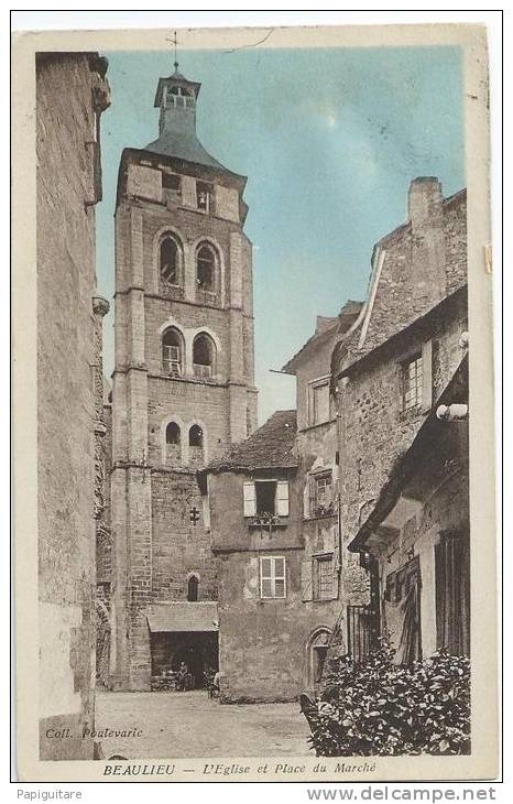 Cpa Bon Etat  , Carte Rare ,  Beaulieu Sur Dordogne , La Place Du Marché , Timbre Oblitéré , Flamme  , Courrier Verso - Sonstige & Ohne Zuordnung