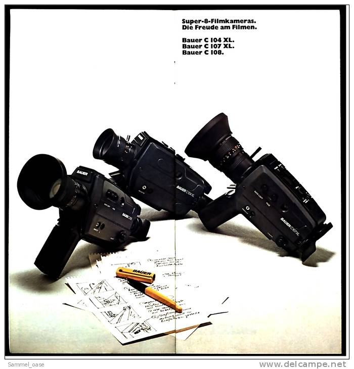 Reklame Werbe-Prospekt  -  BAUER Super-8- Filmkameras + Zubehör  -  Von Ca. 1982 - Videocamere