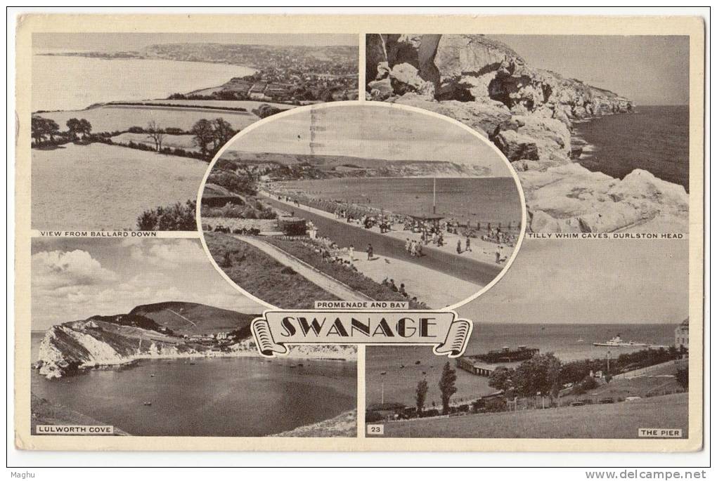 Swanage Used 1954 Postcard, Promenade, Bay, Pier, Lulworth Cove, Tilly Whim Caves, Cave Durlston Head, Etc.,  Dorset - Swanage