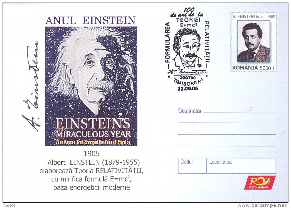 ALBERT EINSTEIN, NOBEL PRIZE GOR PHYSICS,1905, COVER STATIONERY, OBLITERATION CONCORDANTE 2005, ROMANIA - Albert Einstein