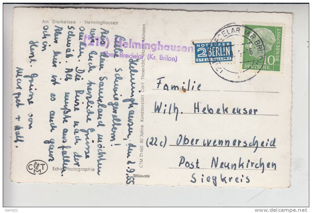 3538 MARSBERG - HELMINGHAUSEN, Am Diemelsee, Landpoststempel "21b Helminghausen über....." 1955 - Marsberg