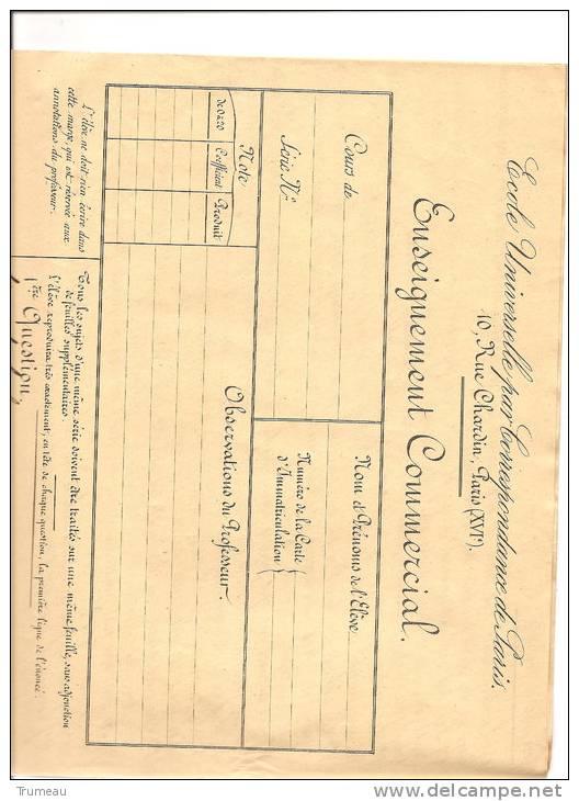 PARIS-ECOLE UNIVERSELLE PAR CORRESPONDANCE DE PARIS-10 RUE CHARDIN-ENSEIGNEMENT COMMERCIAL - Diploma & School Reports