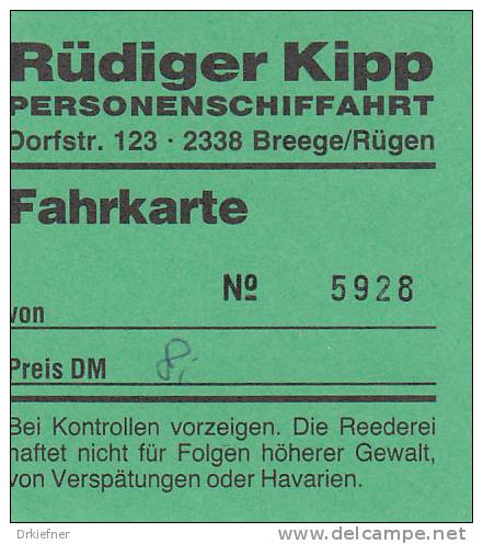 Breege, Rügen, Rüdiger Kipp Personensachifffahrt, Fahrschein, Billett, Ticket,  1992 - Europa