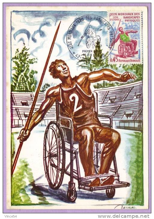 Jeux Mondiaux Des Handicapés Physiques 1970 Saint-Etienne Illustration Decaris Carte Maximum - Atletica