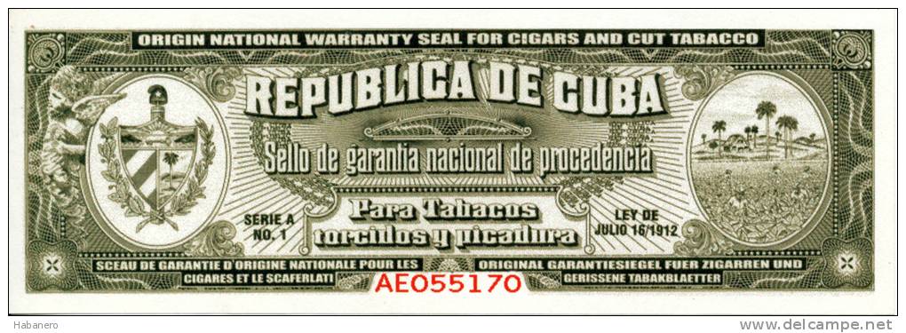 TOBACCO WARRANTY SEAL 14,5 X 5 CM - NEW AND UNUSED - Etiquetas