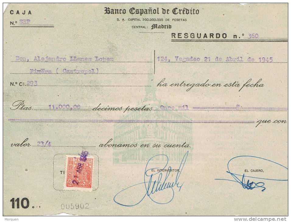 2707. Resguardo Banco Español Credito MADRID 1945, Especial Movil - Fiscales