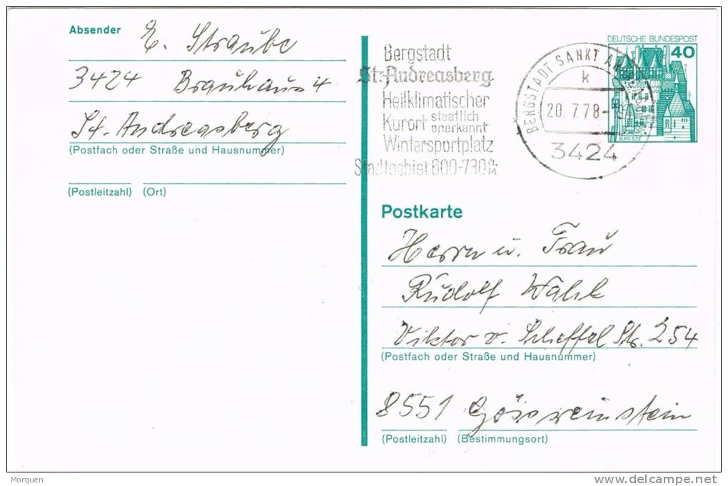 2710. Entero Postal BERGSTADT (Alemania Federal) 1978. Qintersportplatz. Deporte Invierno - Cartes Postales - Oblitérées