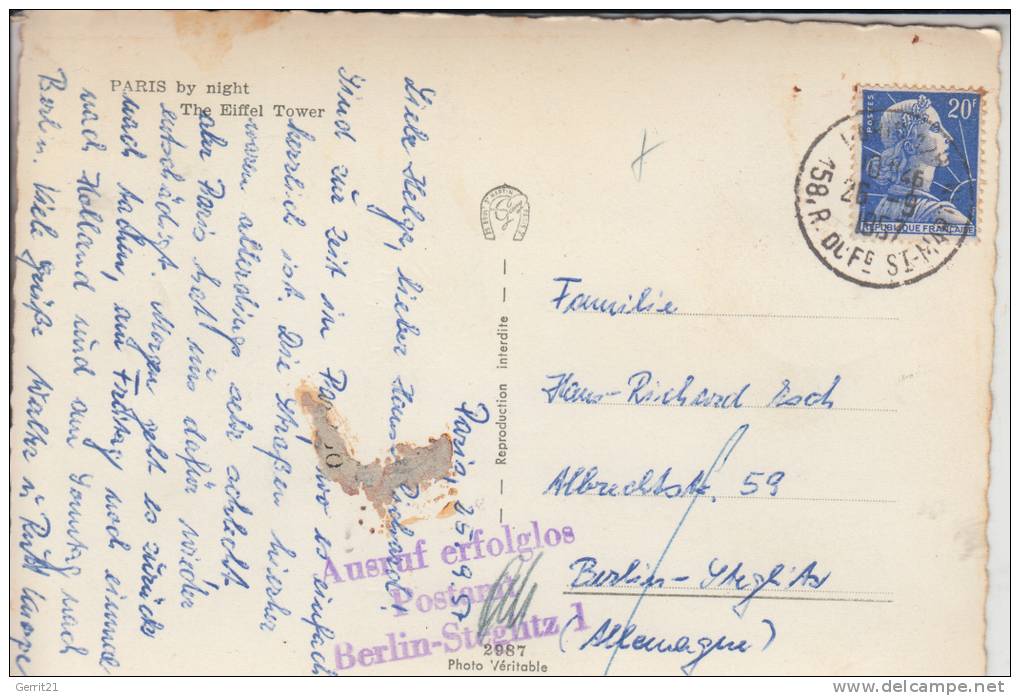 1000 BERLIN - STEGLITZ, POSTGESCHICHTE, "Ausruf Erfolglos Postamt Berlin-Steglitz 1" 1957 - Steglitz
