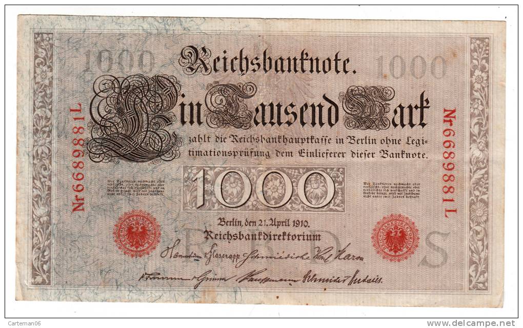 Billet - Allemand - 1000 Mark - 1910 - Lettre S - N° 6689881L - Pick 44b - 1.000 Mark