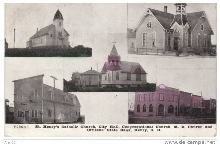 Henry SD South Dakota, Town Views, Church, State Bank, C1900s Vintage Post Card - Other & Unclassified