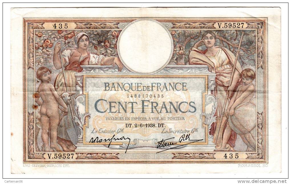 Billet - 100 Francs Luc Olivier Merson - DT.2.6.1938 - V.69527 - 100 F 1908-1939 ''Luc Olivier Merson''