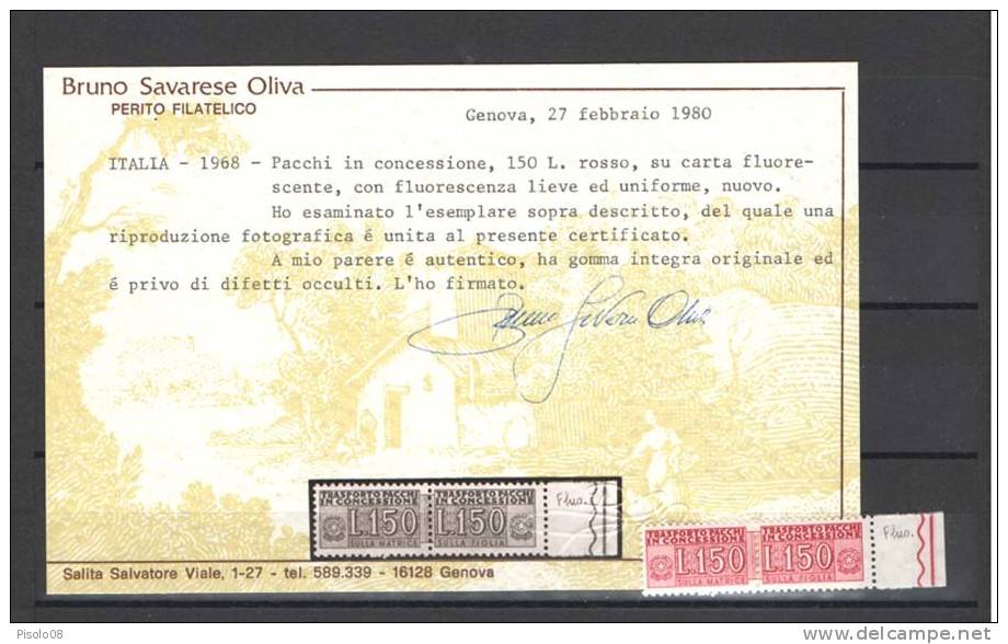 REPUBBLICA 1968 PACCHI IN CONCESSIONE 150 LIRE ** MNH C. BRUNO SAVARESE OLIVA - Concessiepaketten